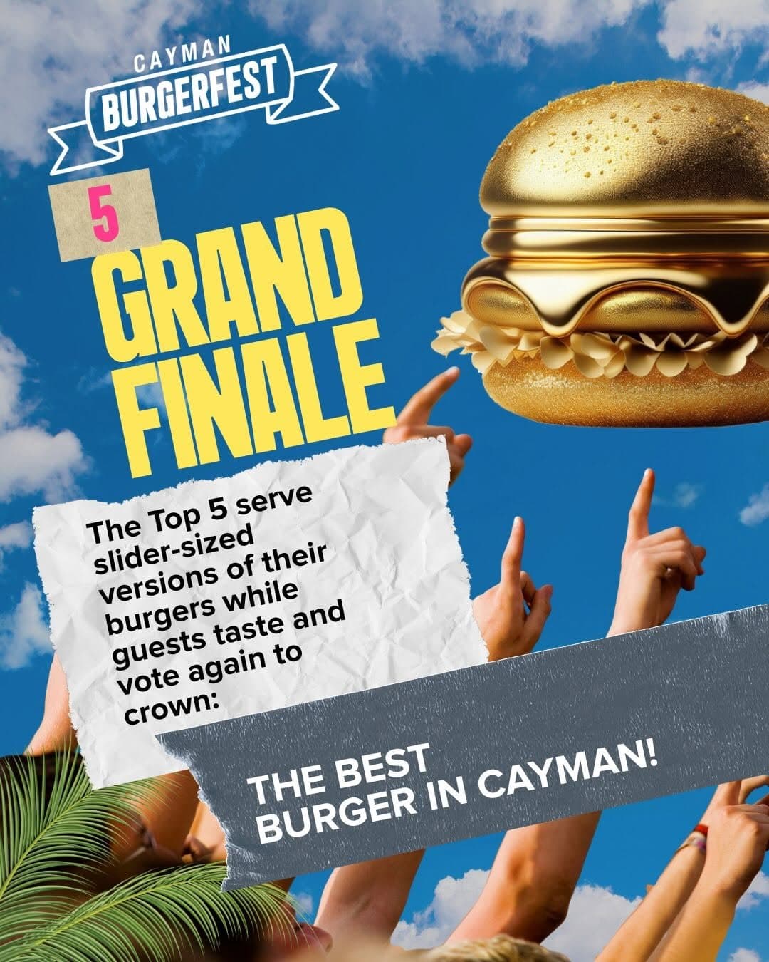 Grand Finale campaign artwork: the Top 5 serve sliders while guests taste and vote