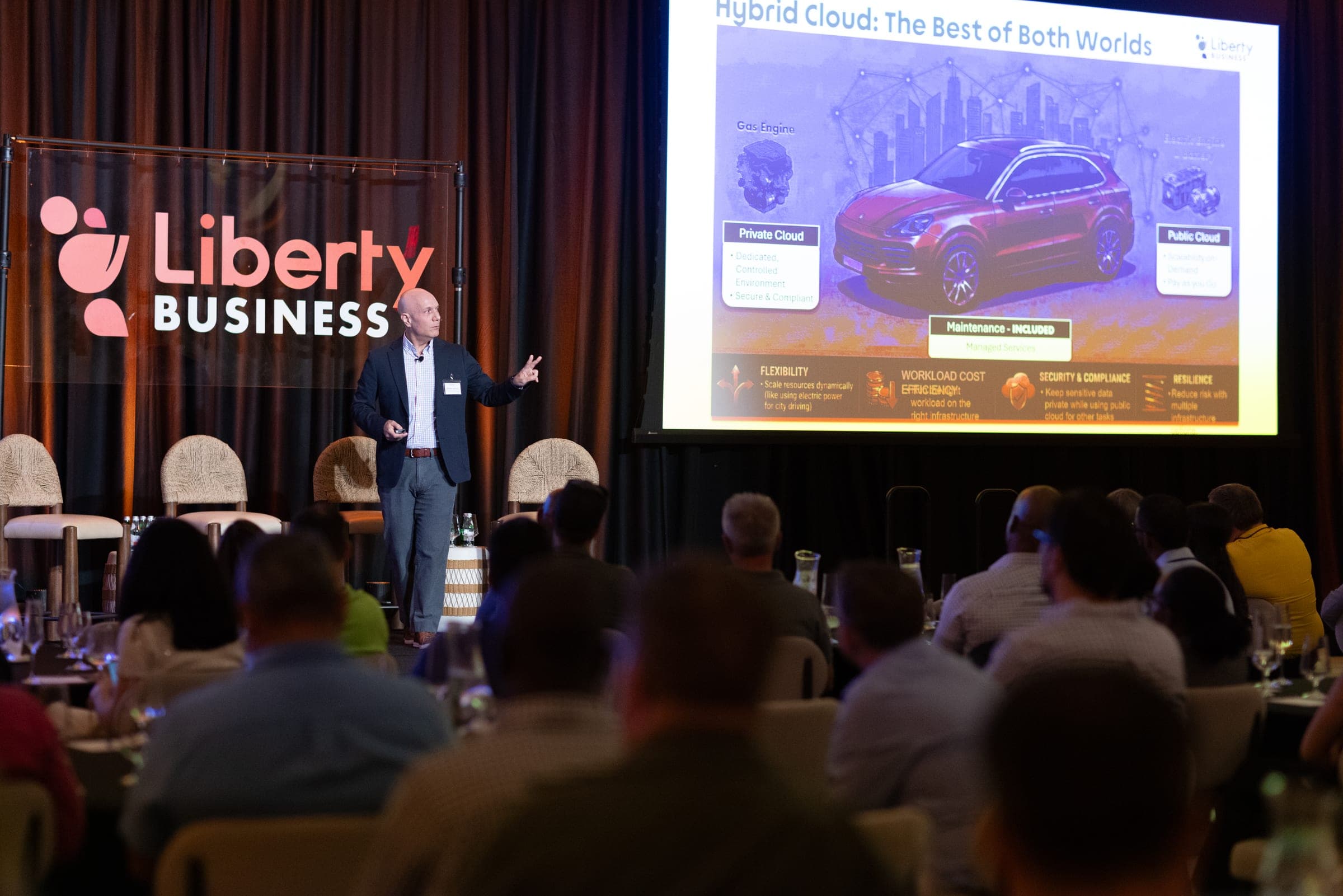 A speaker presents a hybrid cloud slide beside a large Liberty Business logo to a full audience at Hotel Indigo