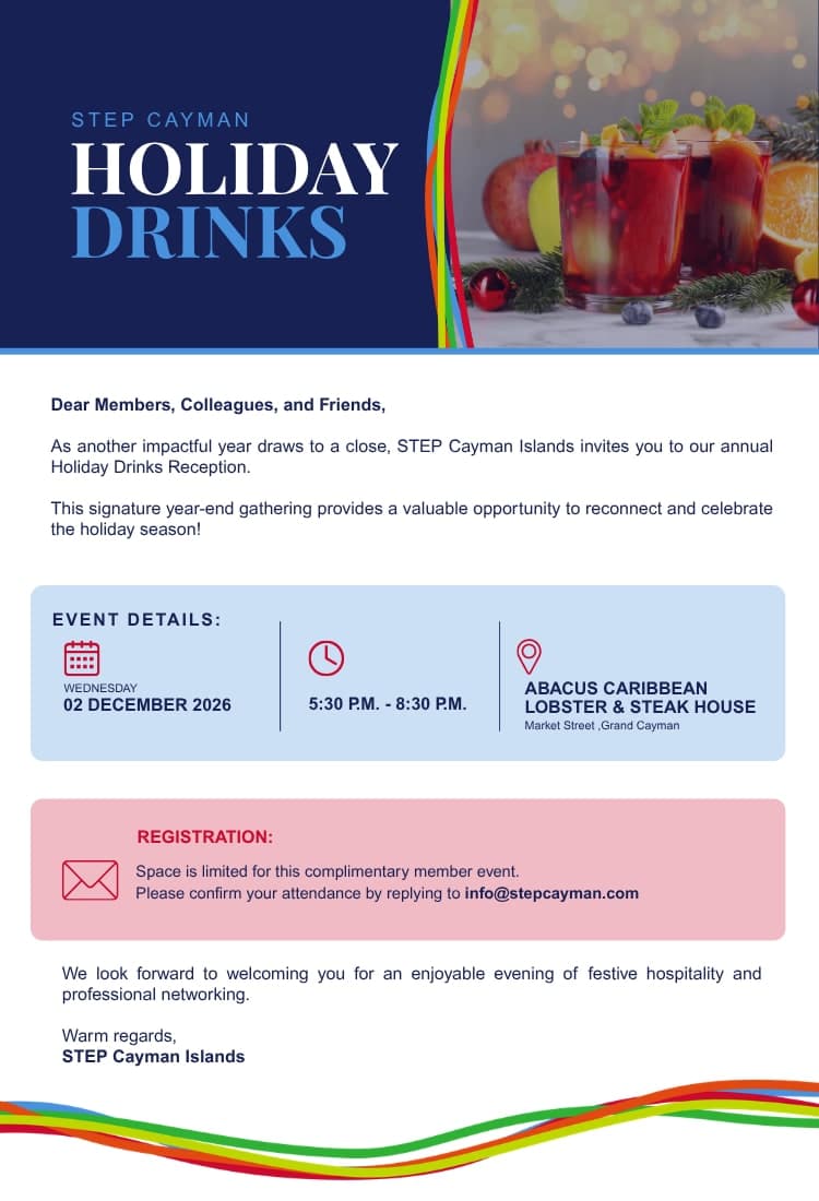 STEP Cayman Holiday Drinks invitation email with event details and registration