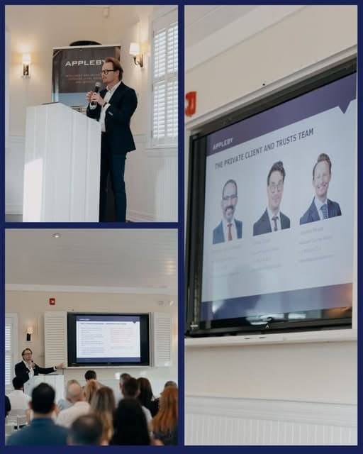 Instagram post: a speaker and the private client panel slide, June 2026